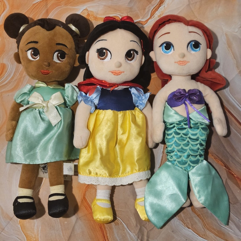 Disney Princess Plush Doll Lot Tiana Snow White Ariel Little Mermaid 3 Pc
